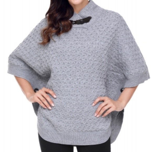 Gray High Neck Waffle Knit Poncho - Picture 2 of 7